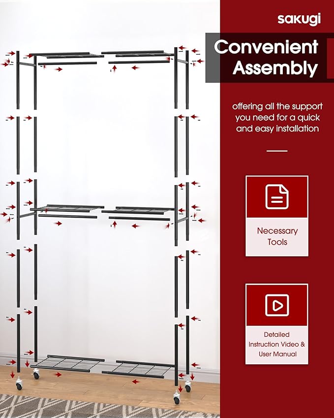 Clothes Rack - 33.0" x 12.2" x 79.5" Clothing Rack with Shelves & Wheels, Multi-Functional Wardrobe Closet with Hooks, Sturdy Metal Garment Rack for Bedroom, Laundry, Balcony (Black)