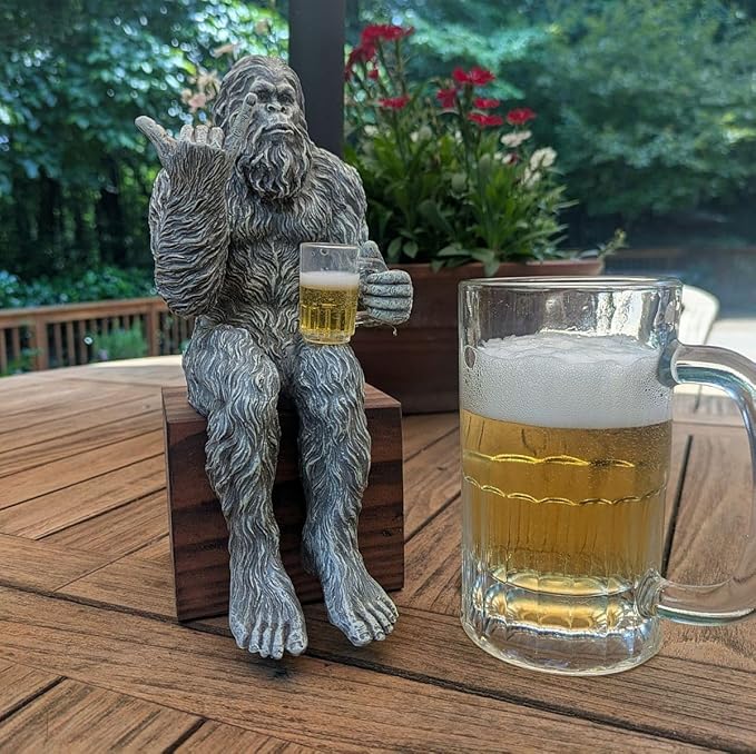 John Bernard & Company Party Bigfoot Male Hang Loose Beer Drinking Decorative Sasquatch Yeti Statue/Figurine 10 Inch H Shelf Sitter Figurine (Stone Gray)