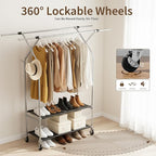 Heavy Duty Clothes Rack,Double Rods Clothing Rack for Hanging Clothes,Rolling Clothing Racks with Wheels,Metal Garment Rack for Bedroom Laundry Living Room,Silver