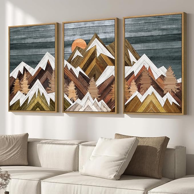 BINCUE Rustic Mountain Canvas Wall Pictures Framed Mountain Wall Art Nature Landscape Artwork Boho Mountain Wall Decor Farmhouse Paintings Rustic Landscape Art Prints for Office Living Room Bedroom 16x24 Inches Set of 3