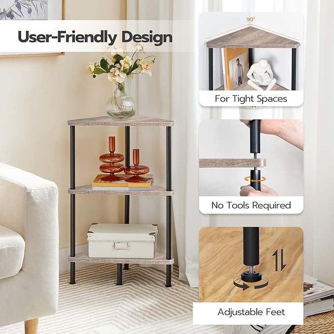 HOOBRO Corner Shelf Stand, Industrial 3-Tier Wall Corner Bookshelf with Metal Frame, Plant Display Shelf, Bookcase for Small Spaces, Living Room, Greige and Black BG30CJ01