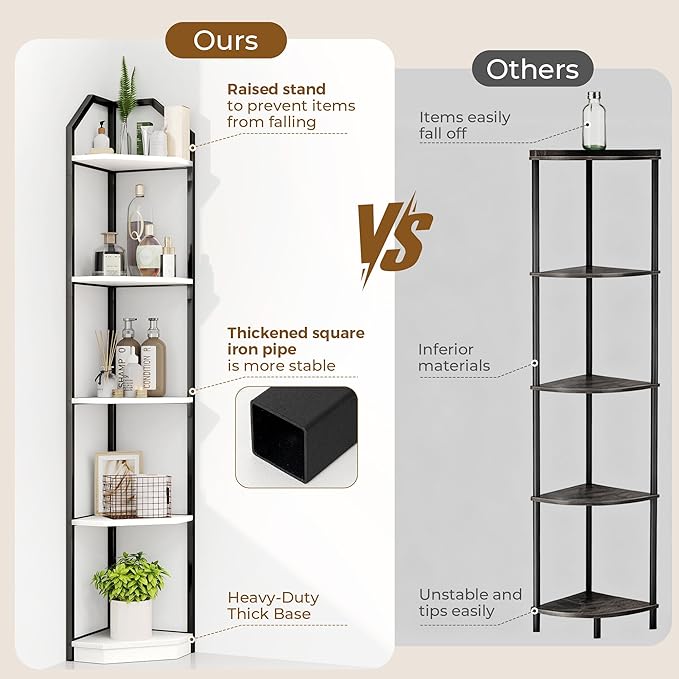 5 Tier Corner Wall Shelf Stand, 70" Metal Corner Shelves Bookshelf Display Shelf for Living Room Decor, Tall Plant Stand Multi Unit Organizer, Standing Shelf for Bedroom,Bathroom,Small Space (White)