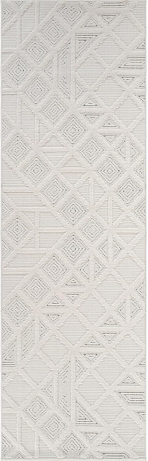 Modern Micro Loop Indoor Runner Rugs for Living Room Bedroom Kitchen Geometric Square White 2x7 Luxury Durable Low and High Pile Non-Shedding Stain Resistant Soft Area Carpet 2 x 7