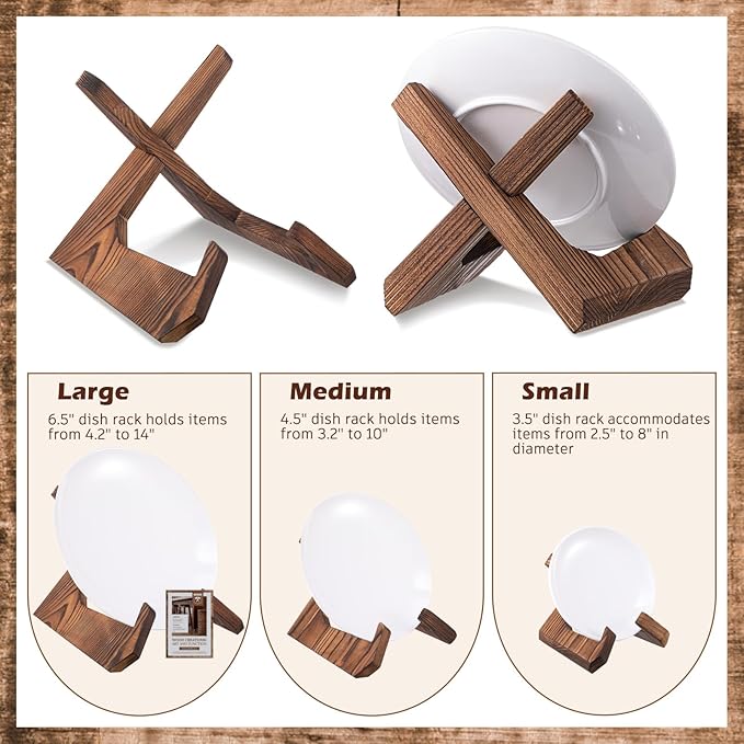 Honeydak 3 Pack 3 Size Bowl Stands for Display - 3.5, 4.5, 6.5 Inch Wooden Plate Holders Easel Frame Holder Display Stand for Large Deep Platters Dishes, Mini Easel, Frame, Card, Plaque, Book