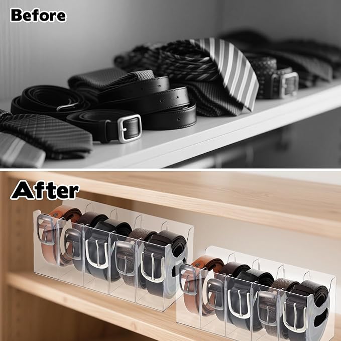 3 Pack Acrylic Belt Organizer Clear Stackable Belt Storage Holder Purse Organizer for Closet - 5 Compartments with Removable Dividers,Display Case Pantry Cabinet Organizers for Ties,Socks,Underwear