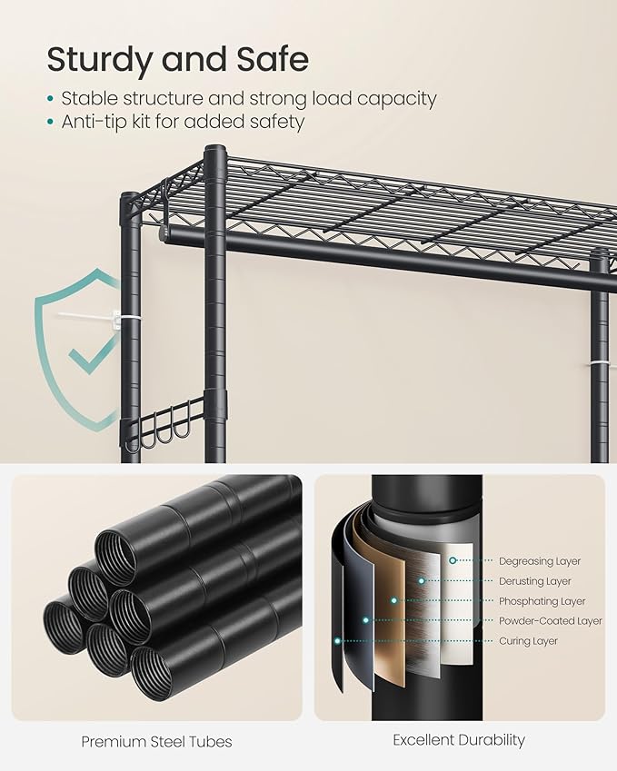 SONGMICS Heavy-Duty Rolling Clothes Rack, Garment Rack, Portable Closet on Wheels, with Adjustable Mesh Shelves and Hanging Rails, Fabric Cover, 15.8 x 43.3 x 78.3 Inches, Ink Black ULGR419BH01