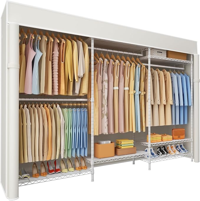 Ulif E13C Pro Heavy Duty Closet Organizer System，Freestanding Clothing Racks for Hanging Clothes，Adjustable Garment Rack 75" W x16 D x77 H Hold 1000lbs，White Rack with White Dustproof Cover
