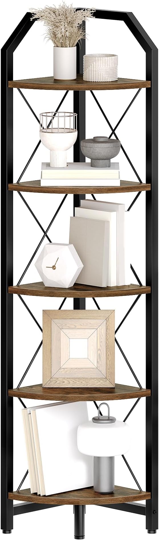 CHOEZON 59.4" Corner Shelf, 5-Tier Industrial Corner Bookshelf, Corner Storage Stand, Plant Stand Display Shelf, Bookcase for Bedroom, Living Room, Home Office, Rustic Brown and Black TCJ10BF