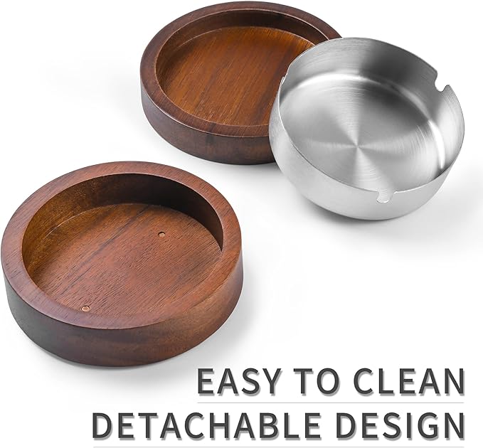 Wooden Ashtray with Lid for Smokers Stainless Steel Liner Ash Tray Windproof Durable Easy to Clean Cool Ashtrays for Indoor or Outdoor Use, Patio, Office & Home