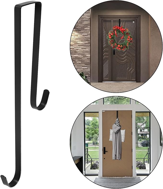 Premium Double Sided Wreath Hook for Front Door - Large Metal Hook Holds 2 Wreaths - Black, 9.4-15 Inch