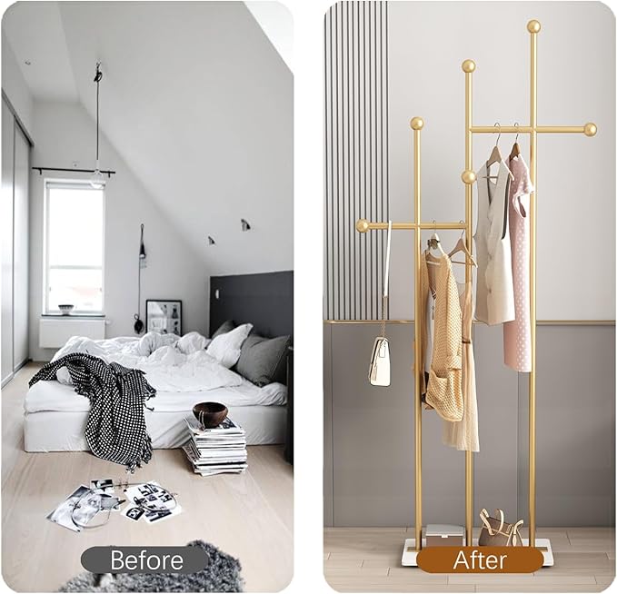 Gold Coat Racks with Marble Base Heavy Duty Clothes Rack Metal Coat Tree for Clothes Hats Scarfs Totes-19.7''L,GOLD