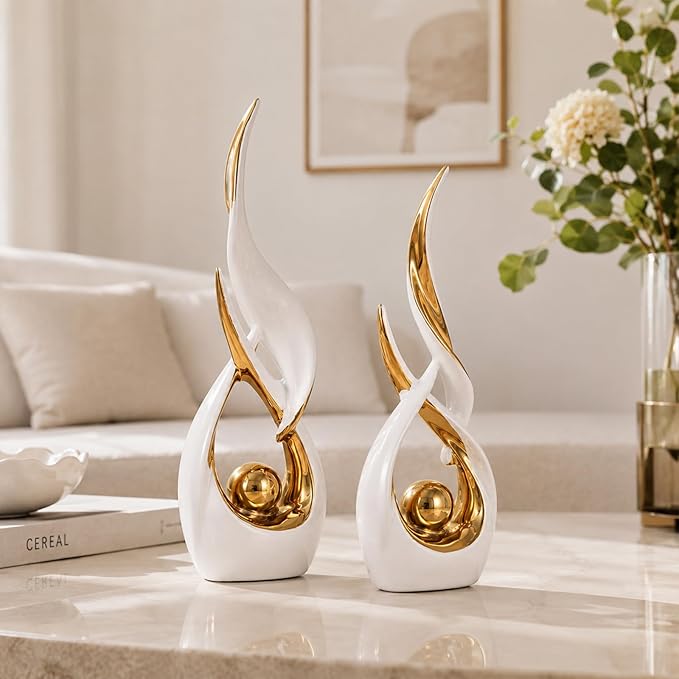 2 PCS White Gold Ceramic Statues For Home Decor Accents, Modern Abstract Art Sculptures, Elegant Tabletop Decorative Objects For Dining Room, Entryway, Tv Stand, Mantel, Coffee Table Centerpieces