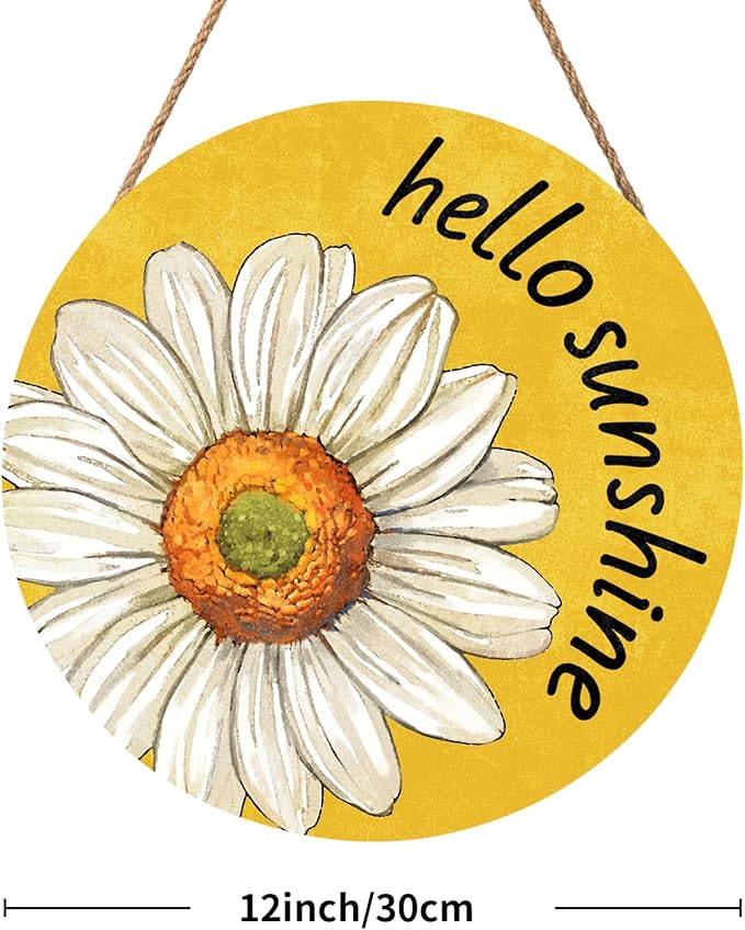 Spring Summer Daisy Flower Front Door Sign Hello Sunshine Floral Wood Door Hanger Outdoor Outside Porch Decor Seasonal Wooden Wreath Farmhouse Indoor Wall Hanging Decoration for House 12"x12"