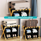 Folding Luggage Rack, 2-Pack Natural Bamboo Suitcase Stands with 4 Storage Compartments , Sturdy Luggage Holders for Guest Room, Bedroom, Hotel