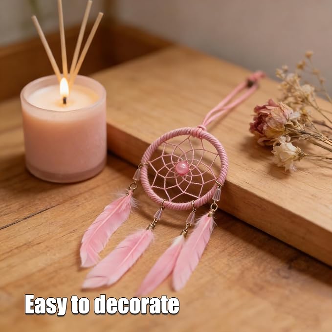Pine & Linen Handmade Dream Catcher,Bohemian Style Car Rearview Mirror Hanging Charms Feather Pendant,Good Luck Charm for Car Accessories/Wall Hanging/Women/Gift(Pink)