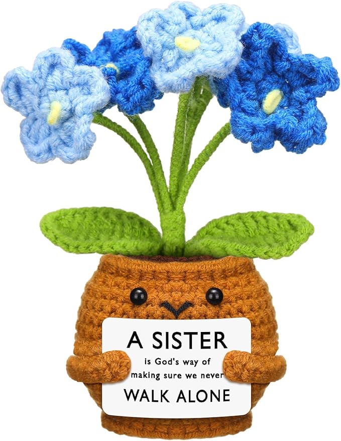 Wavwavw Sister Gifts Handmade Crochet Doll with Card Crochet Present for Sisters Sis Big Little Sister Birthday Wedding Home Decor (Blue Myosotis)