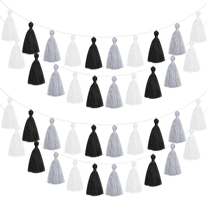 WILLBOND 4 Pieces Tassel Garland Black and White Grey Tassel Garland for Classroom Wall Decor Boho Pastel Cotton Banners for Party School(3.1 Inch, Black, White, Gray)