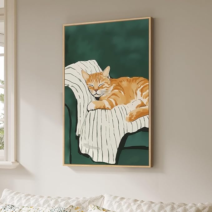 Framed Animal Wall Art for Bedroom Wall, Large Cozy Orange Tabby Cat Canvas Painting for Room Decor, Cute Pet Artwork for Walls, Relaxing Picture Print for Nursery Hallway Wall Decor, 24x36 Inch