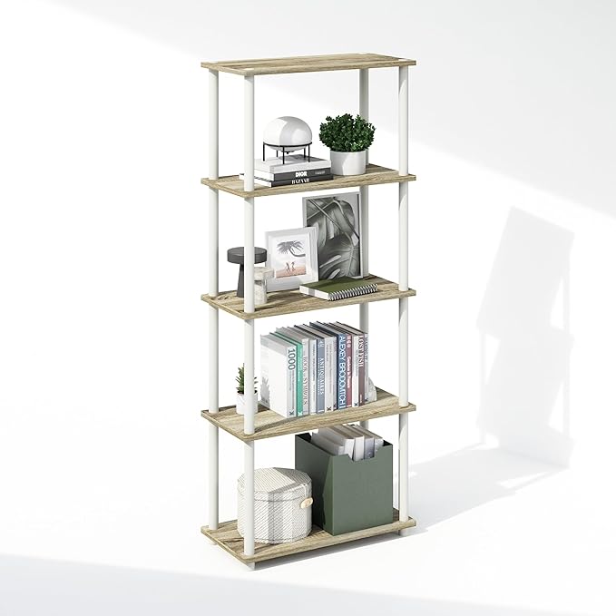 Furinno Turn-N-Tube Book Shelf, 5-Tier Bookshelf, Bookcase with Multipurpose Compact Display Rack, 11.6 x 23.6 x 57.4, for Living Room, Bedroom, Home Office, Sonoma Oak/White