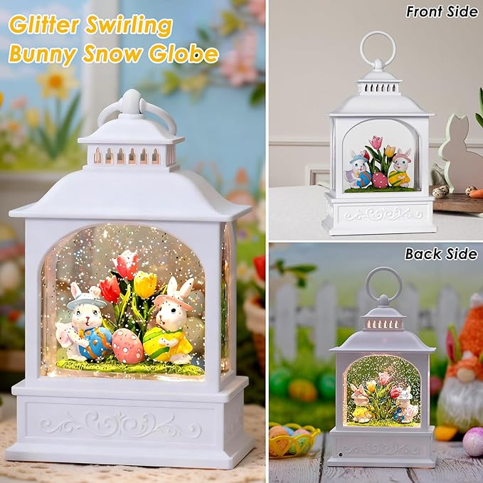 Easter Bunny Snow Globe, Easter Eggs Spring Snow Globe 6H Timer Glitter Lantern Easter Decorations (Bunny Eggs)