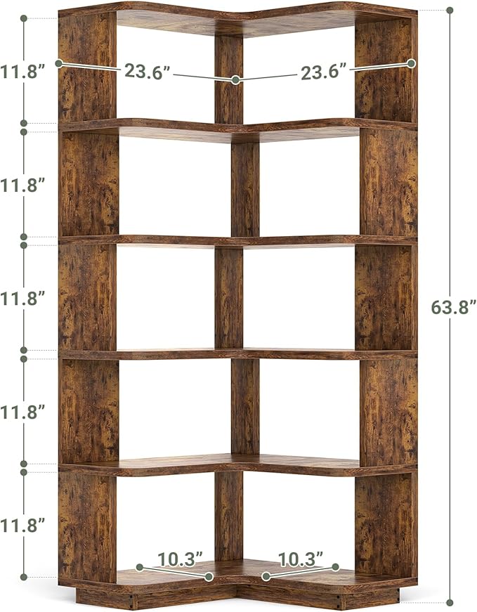 Armocity Corner Book Shelf - 6 Tier Corner Bookshelf Etagere Bookcase with Baffle, Freestanding L Shaped Display Shelf Stand for Home Office, Living Room, Bedroom, Kitchen, Rustic Brown