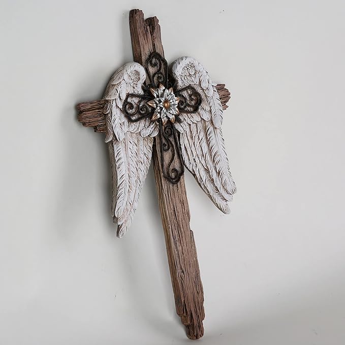 BC Home Decor Angel Wings Crosses Wall Décor, 12" H Angel Decoration Gifts For Women, Rustic Decor Style, Inspirational Wall Sculpture, Hand Painted by Buildclassic