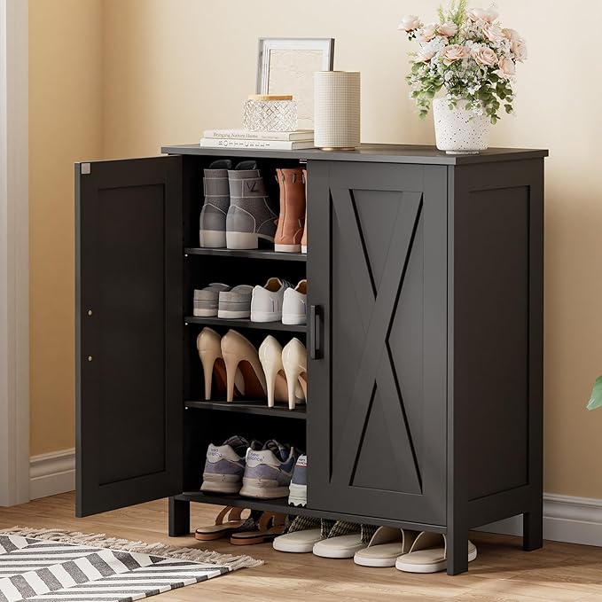 Farmhouse Shoe Cabinet with 2 Barn Doors & Wood Legs, 5-Tier Shoe Storage Cabinet with 3 Adjustable Shelves, Tall Shoe Rack Organizer for Closet, Shoe Organizer for Entryway, Hallway, Black