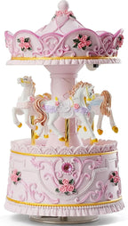 Enchanting Pink Carousel Music Box with LED Lights, Plays Castle in the Sky, Elegant Rotating Horse Figurines, for Girls, Women, and Romantic Occasions, Collectible Home Decor Ornament