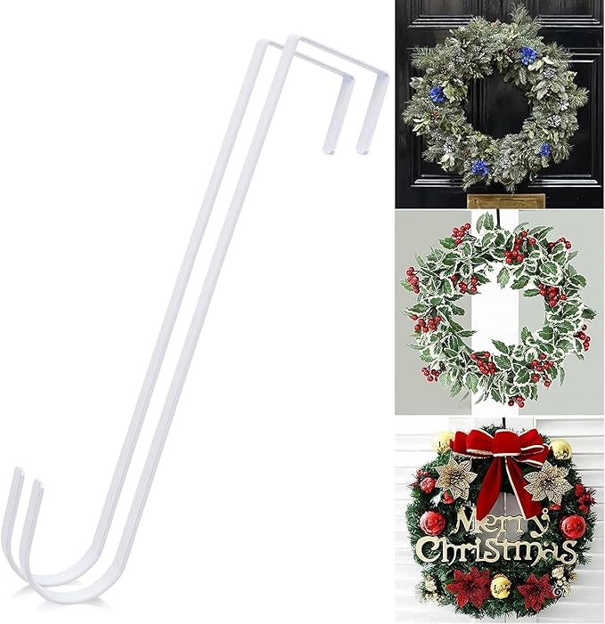 12 in Wreath Hanger White Wreath Hangers for Front Door 2 Pack Wreaths Hangers Hook Over The Door Hook Christmas Wreaths Holder Halloween Xmas Easter Outdoor Home Party Decorations
