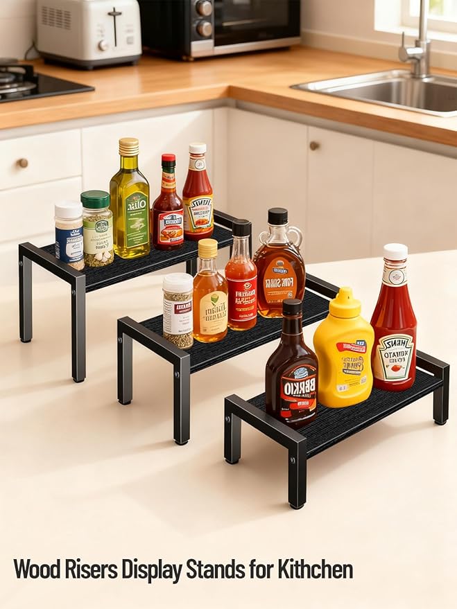 Wood Risers Display Stands, 3 Tier Stepped Display Shelf for Perfume Collectibles, Buffet Risers Tiered Tray Stand & Serving Tray for Food Desserts Vendor Events Party Decor