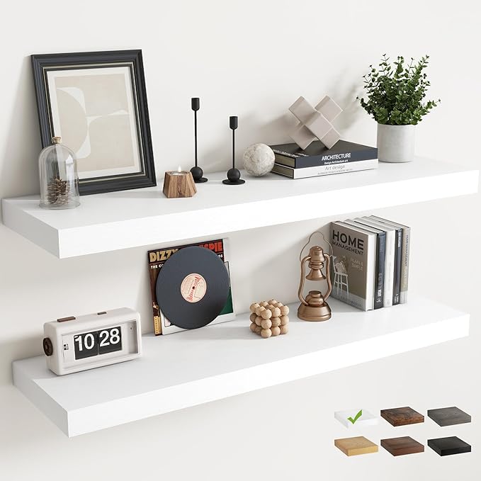 48 Inch Long Floating Shelves for Wall Set of 2, 12"D Wood Grain Bathroom Shelves with Invisible Brackets, Easy Install Engineered Wood Storage Shelves for Kitchen, Living Room, Bedroom, White Finish