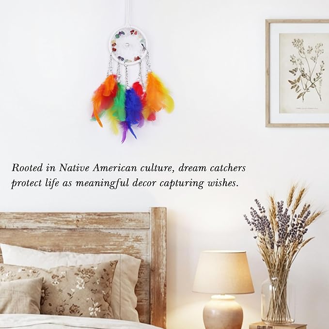 Pretty Jolly Crystal Stone Small Dream Catchers Rainbow Feathers Mini Dreamcatchers with Beads for Cars Rear View Mirror Hanging Decoration Good Luck Travel Charm Bedroom Ornaments for Women Girls