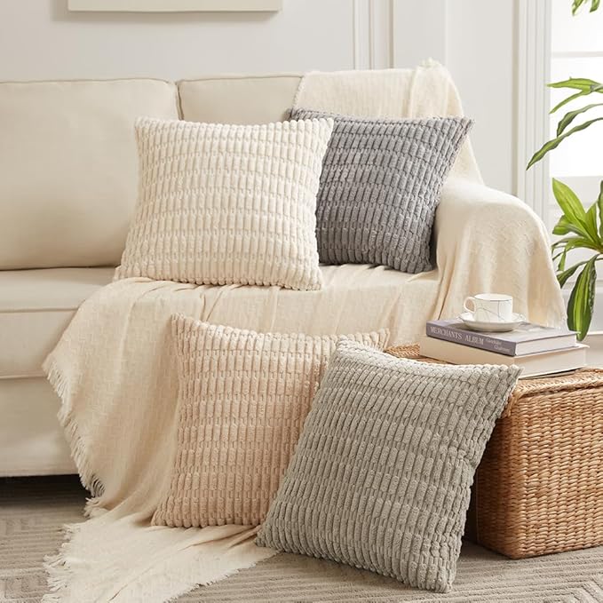 Fancy Homi 4 Packs Decorative Throw Pillow Covers for Living Room Couch Bed, Modern Farmhouse Boho Home Décor Accent Cushion Case, 16" x 16", Cream
