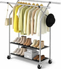 Heavy Duty Clothes Rack,Double Rods Clothing Rack for Hanging Clothes,Rolling Clothing Racks with Wheels,Metal Garment Rack for Bedroom Laundry Living Room,Silver