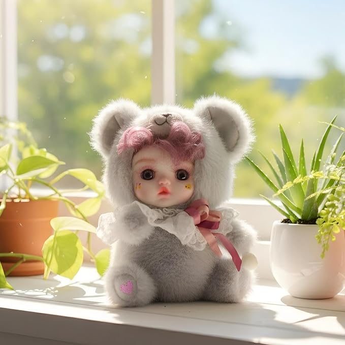 8 Inch Hand-Painted Porcelain Face Doll with Plush ＆ Acrylic Cotton Body, Mini Kawaii High-Color Makeup Ceramic Doll for Room Decor, Birthday Gifts, Collectible ，Name Kira (Grey)