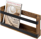 MyGift Rustic Burnt Solid Wood and Industrial Matte Black Metal Magazine Display Rack, Wall Mountable Double Wide Book Holder or Standing Organizer