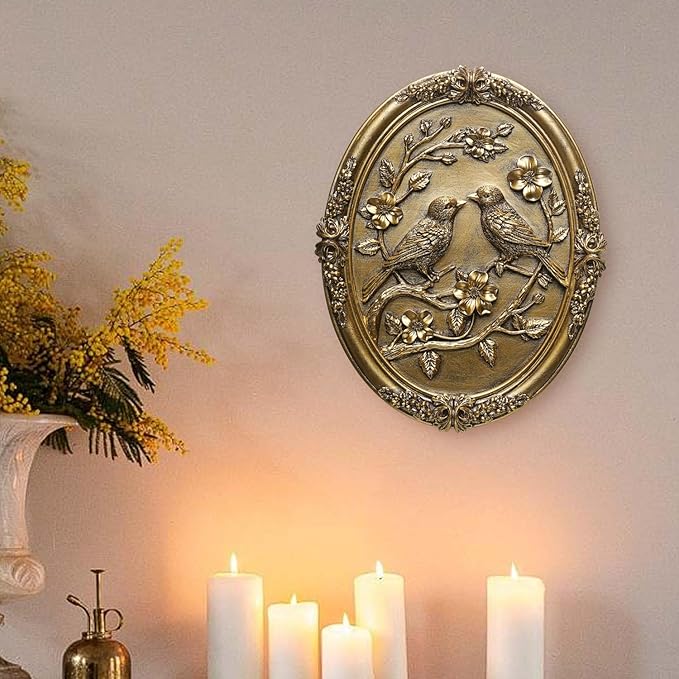 Vintage Bird Wall Art 2 Pack Antique Wall Decor Retro Wall Art Bird Wall Sculpture Hand Painted Wall Decoration with Embossed Birds Design Vintage Decor for Living Room Bedroom Gallery Unique Gifts (Gold Birds)