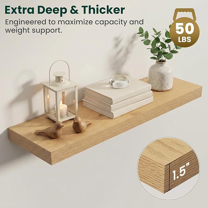 Floating Shelves for Wall 36 in x 9.3 in Deep, Wall Mounted Rustic Wood Shelf with Invisible Brackets for Storage & Display, Living Room Bedroom Bathroom, Oak, 2 Pack