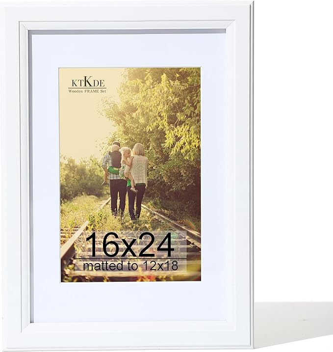 KTKDE 16x24 Picture Frame,Poster Frame Display Pictures 12 x 18 with Mat or 16x24 Without, Tempered Glass, 24 by 16 White Wooden Frame Wall Gallery Photo Frame best gift