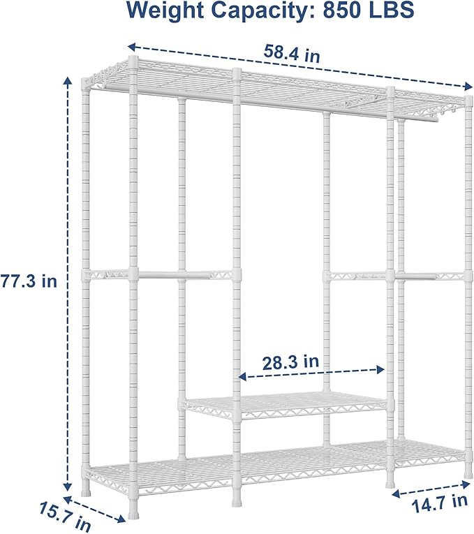 Ulif E3 Heavy Duty Garment Rack, 4 Tiers Freestanding Closet Organizer System with 5 Shelves, Metal Closet Organizer and Storage System for Clothes, Max Load 850lbs, 58.4"W x 15.7"D x 77.3"H, White