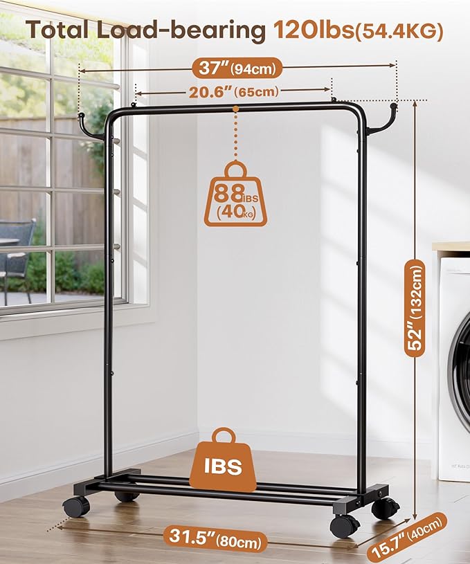 Homde Rolling Clothes Rack with Hooks: Standing Garment Storage for Indoor - Hanging Rod for Bedroom Laundry Room - Coat Dress Organizer on Wheels with luggage shelf (Black, 31.5")