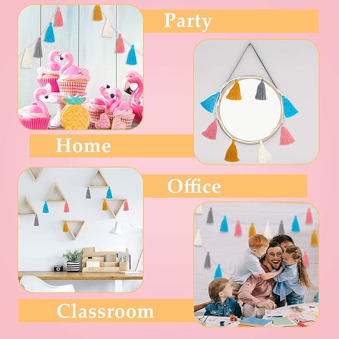 WILLBOND 4 Pieces Valentine's Day Tassel Garland for Classroom Wall Decor Boho Pastel Garland Cotton Tassel Banners for Party School(3.1 Inch,Yellow, Gray, Blue, Pink, White)