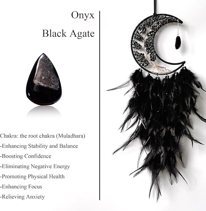 Moon Dream Catchers with Chakra Gemstone Agate Stone, Crystal Tree Life Dream Catchers Wall Hangings Room Decor (Black)