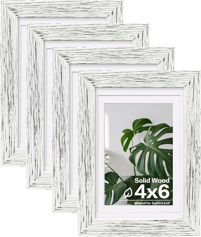 Egofine 4x6 Picture Frames Set of 4, Made of Solid Wood Covered by Plexiglass 3x4.5 and 3.5x5 with Mat or 4x6 without Mat, for Table Top Display and Wall Mounting Photo Frame, Driftwood White