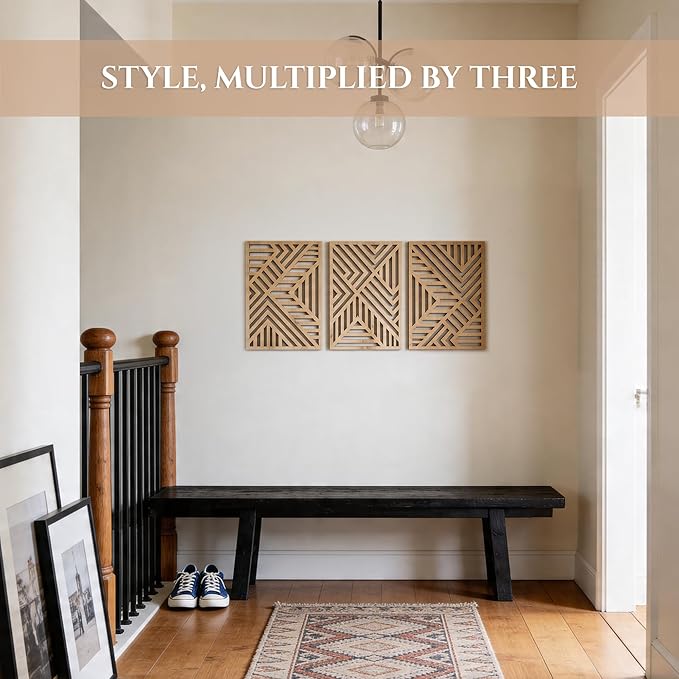 qmmp Modern Wooden Wall Sculptures - Set of 3 - Home Decor Accent - Large Wall Art for Living Room, Bedroom, Office - Easy Installation (Oak, Medium - Direction)