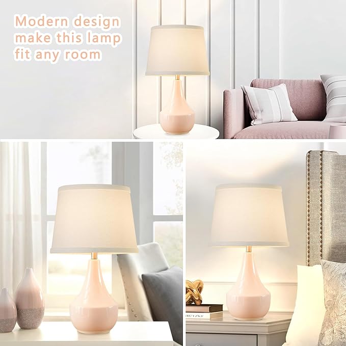 GyroVu 18" Table Lamp Set of 2, Ceramic Lamp Classic Beside Lamps Nightstand Lamp Modern Bedside Lamp for Living Room, Bedroom & Office Rocker Switch Pink-LED Bulbs Included