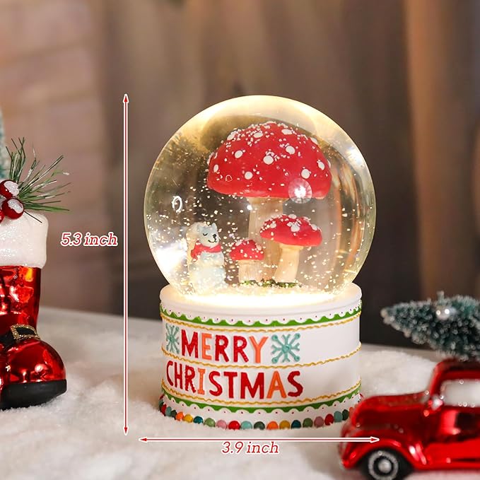 Vipush Christmas Snow Globe -Squirrels & Mushrooms Musical Snow Globe with Color Changing Led Lights, Christmas Decorations with Music Box Gifts for Girls Kids, Decorations for Christmas & Birthday