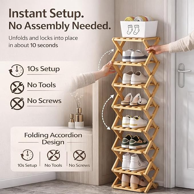 DDRIC The 9-Tier No-Assembly Bamboo Rack, Foldable 9 Tier Bamboo Shoe Rack with Collapsible Vertical Design, Space-Saving Shoe Storage Shelf for Entryway Closet Dorm, No-Tool Assembly (Nuture,4)