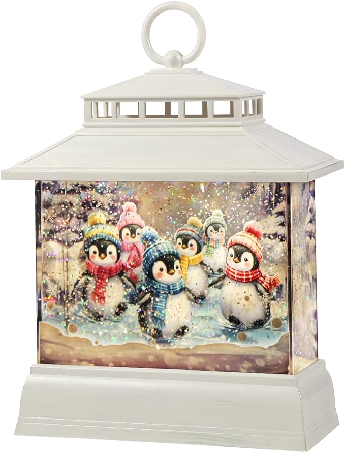 Christmas Snow Globe Lantern Water Glittering Lantern with 8 Songs & 6H Timer Romote Control Christmas Snow Globes USB & Battery Operated for Christmas Festival Decorations Gifts (Penguins)