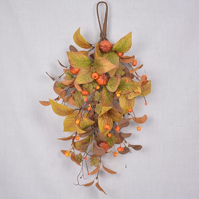 20 Inch Fall Harvest Swag, Artificial Fall Maple Swag Autumn Thanksgiving Day Halloween Decorative Teardrop, Halloween Wall Door Decor Sunflower Berry Fake Wreath (#2)